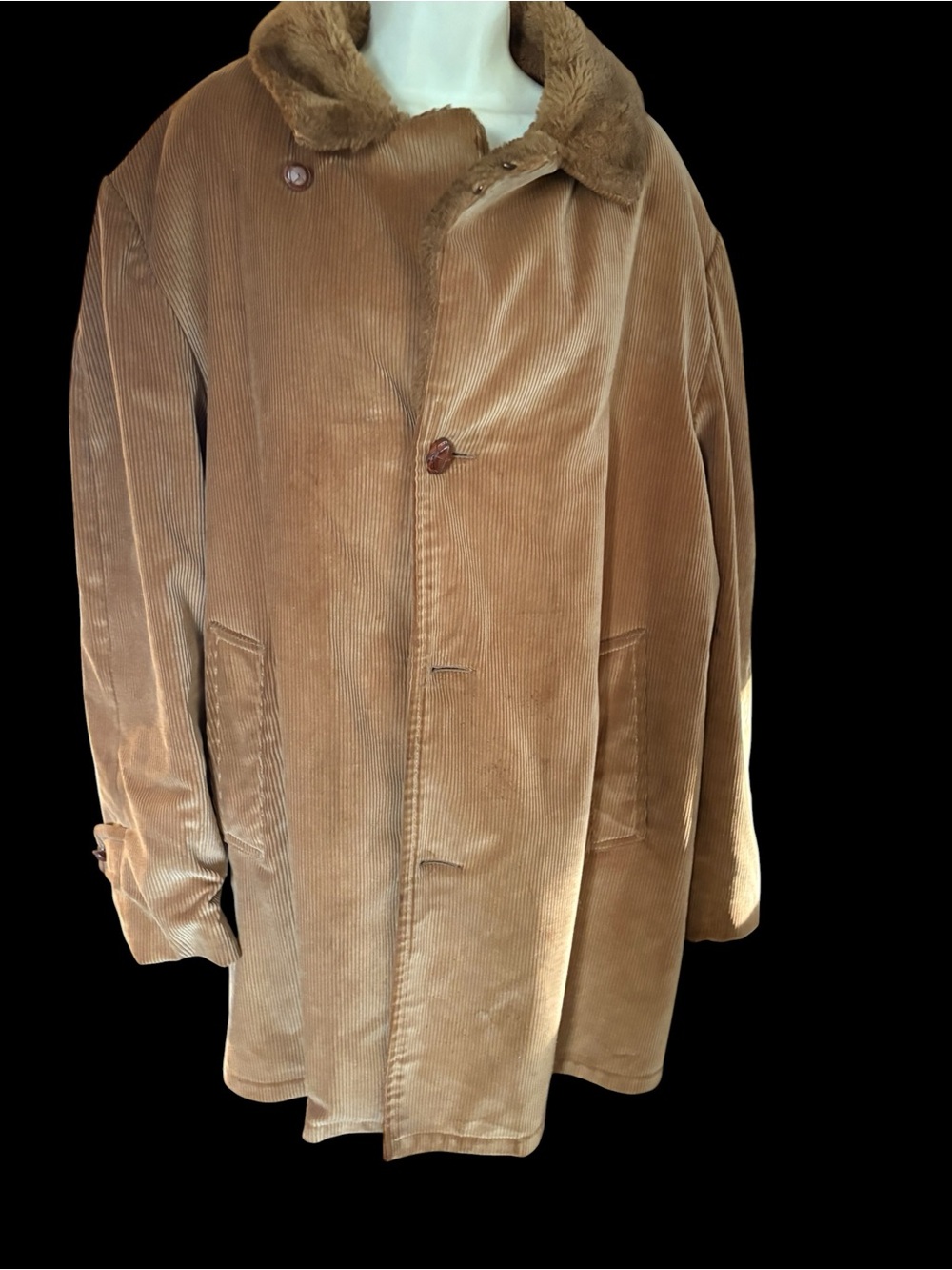 Original 1950’s Towncraft Brown Corduroy Pea Coat with Faux Fur Collar.